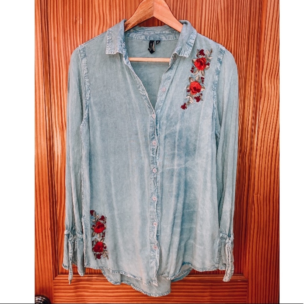 ✧ D&Kade: Denim Flower Embroidered Button Blouse